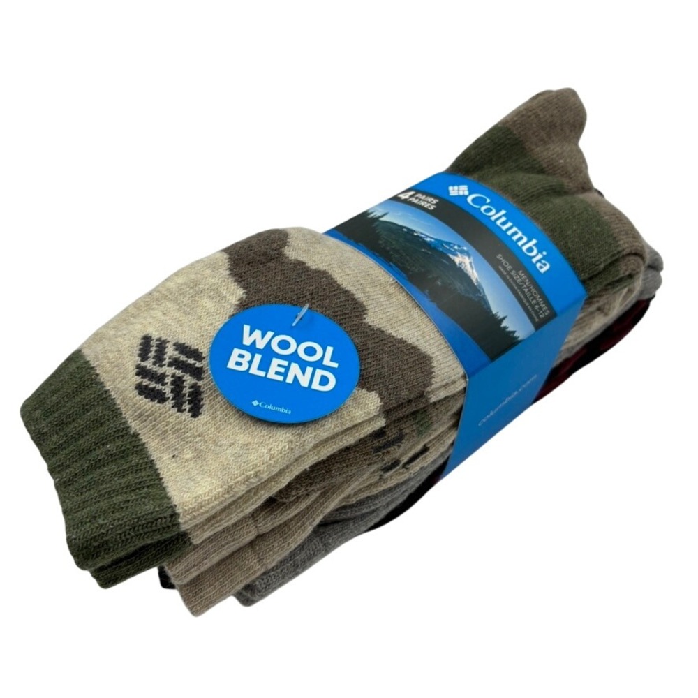 NEW Columbia Mens Wool Blend Crew Socks 4 Pairs Camo Grey Striped Pack 6-12